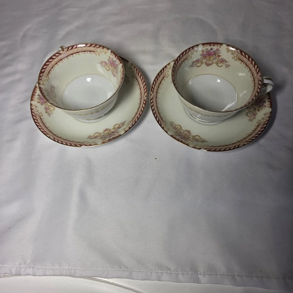 Noritake Teacup and Saucer Set of 2 Cream Pink Floral Burgundy Gold Trim Japan